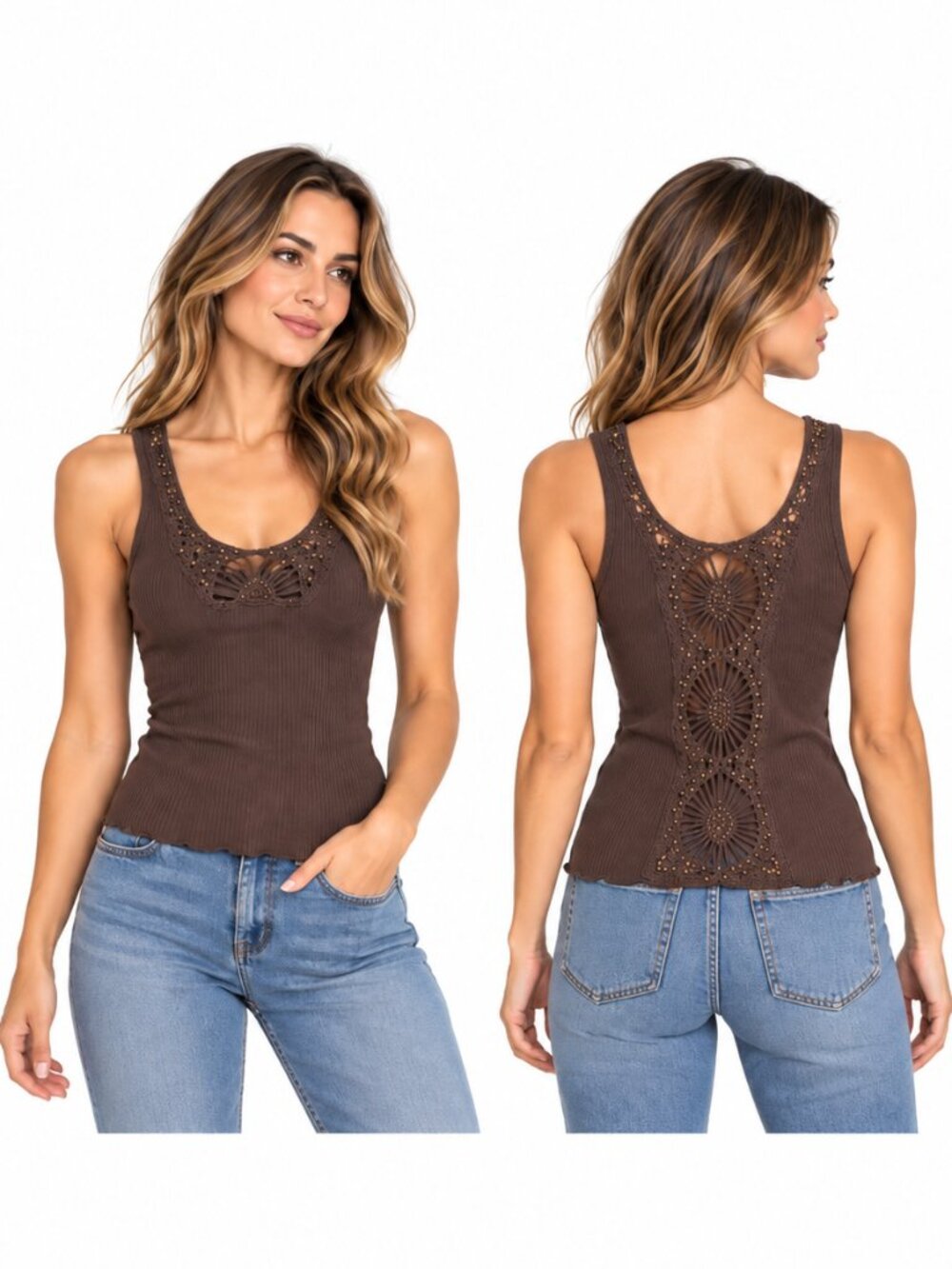 Cache Womens Vintage Crochet Tank Top Medium Brown Beaded Open Back Y2K Boho